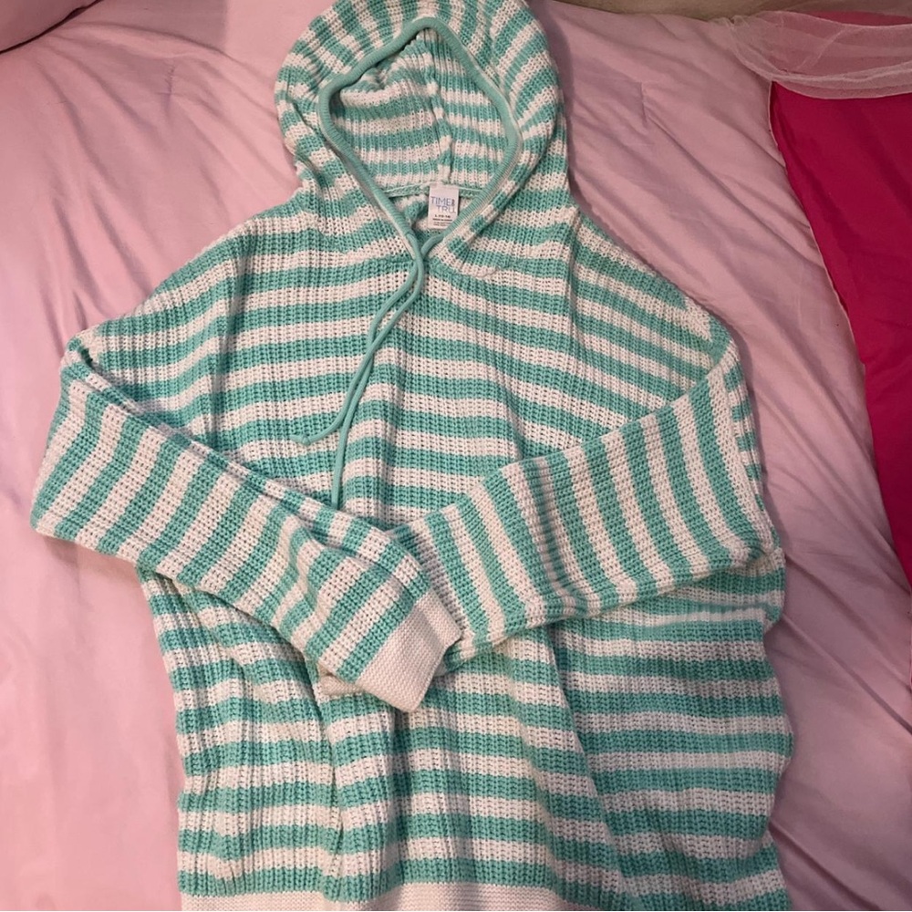 Striped Green and White Hooded Sweater Mesh Material